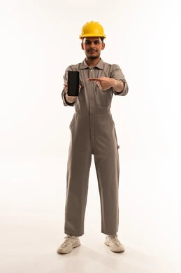 Saudi Engineer Holding Smartphone on White Background