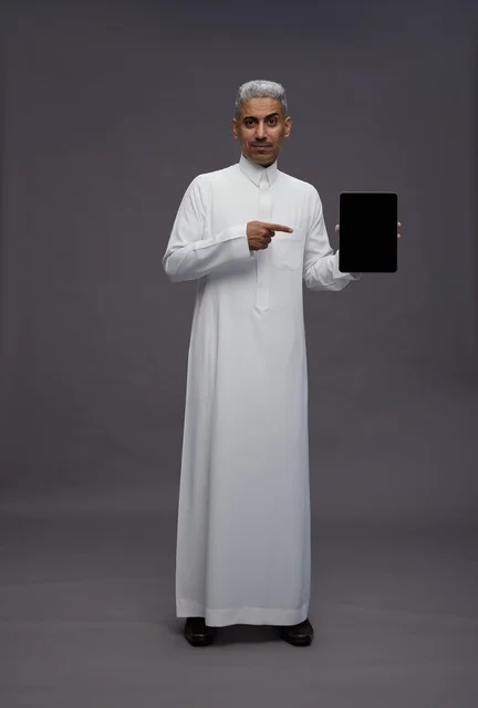 رجل سعودي بالثوب يشير إلى جهاز لوحي في الاستوديو