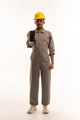 Saudi Construction Worker Holding Smartphone on White