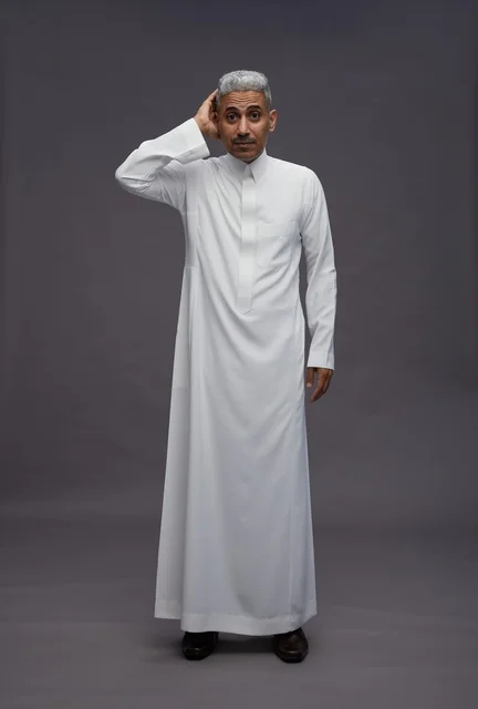 رجل سعودي بالثوب الأبيض بتعبير وجه يدل على الحيرة