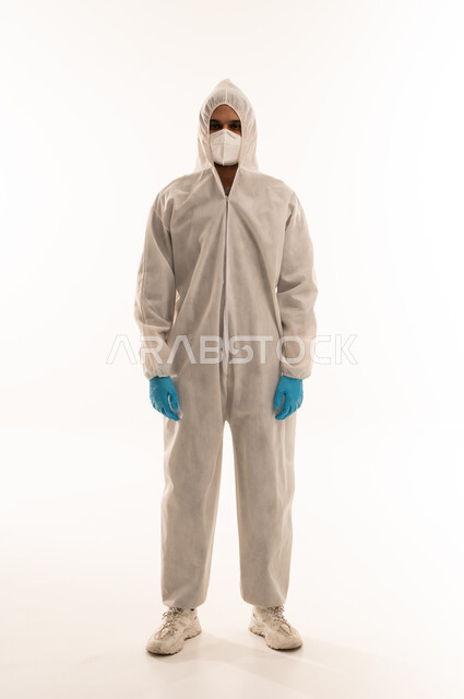 Arab Man in White Biohazard Protective Suit