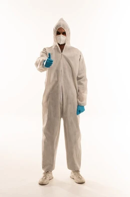 Arab Man in Hazmat Suit with Thumbs Up Gesture