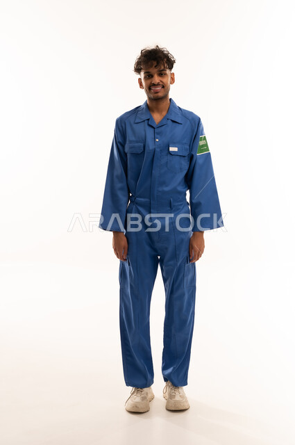 Saudi Technician in Blue Work Jumpsuit on White Background