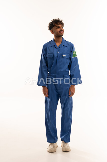 Indian Worker in Blue Industrial Jumpsuit Studio Shot
