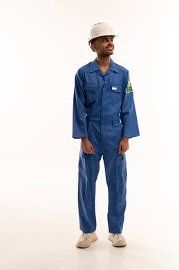 Indian Worker in Blue Industrial Jumpsuit and Hard Hat