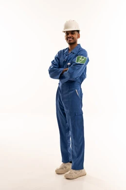 Saudi Engineer in Blue Jumpsuit and Hard Hat
