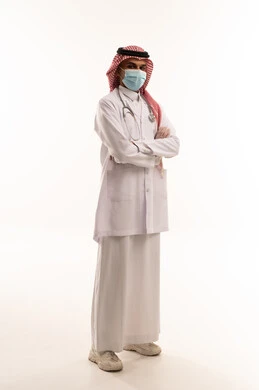 Saudi Male Doctor in Lab Coat with Face Mask