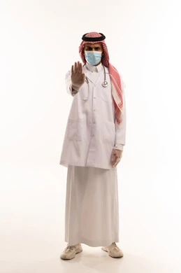 Saudi Male Doctor in Mask Making Stop Gesture
