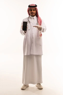 Saudi Male Doctor Pointing at Smartphone Screen