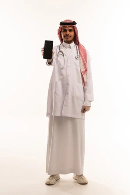 Saudi Doctor Holding Smartphone on White Background