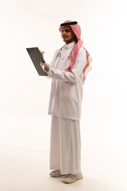 Saudi Male Doctor with Clipboard on White Background