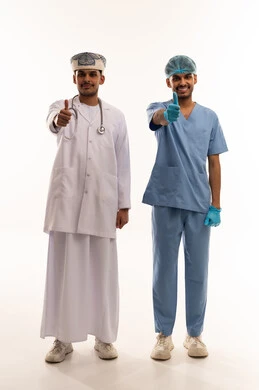 Omani Male Doctors Thumbs Up on White Background