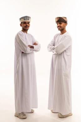 Omani Men in Traditional Dishdasha on White Background