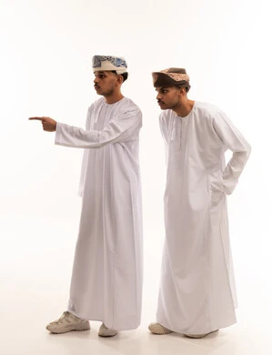 Omani Men in Traditional Dress Pointing on White Background