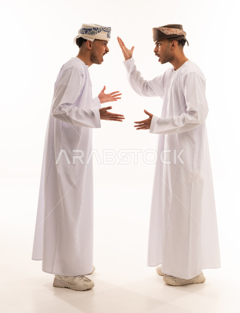 Omani Men in Traditional Dress Arguing on White Background