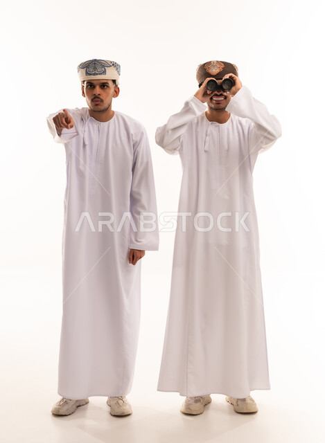 Omani Men with Binoculars Pointing on White Background