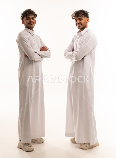 Saudi Men in Traditional Thobes on White Background