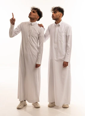 Saudi Men in Traditional Thobe Pointing Upward