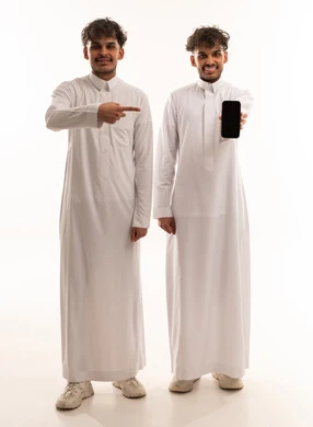 Saudi Men Pointing at Smartphone Screen on White Background