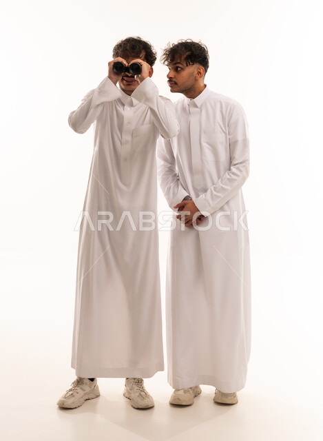 Two Saudi Men with Binoculars on White Background