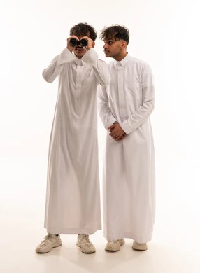 Two Saudi Men with Binoculars on White Background