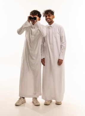 Two Saudi Men with Binoculars on White Background