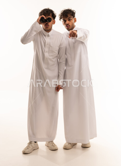 Saudi Men with Binoculars on White Studio Background
