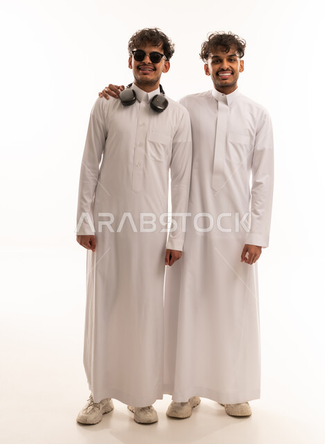 Saudi Men in Traditional White Thobe on White Background