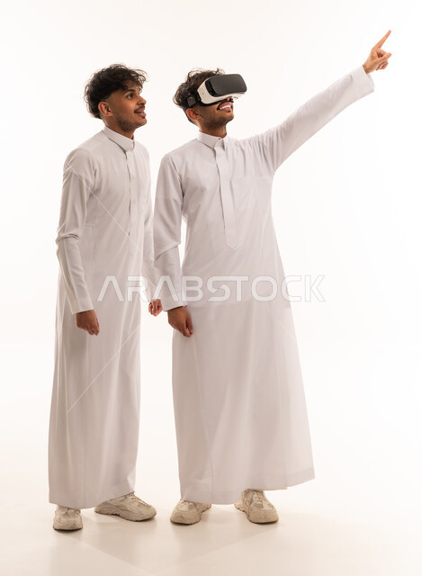 Saudi Men Using VR Headset on White Background
