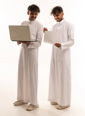 Saudi Men Using Laptop and Paper on White Background