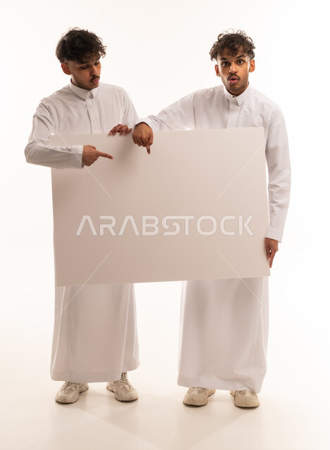 Saudi Men Holding Blank White Board in Studio