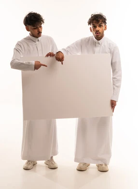Saudi Men Holding Blank White Board in Studio