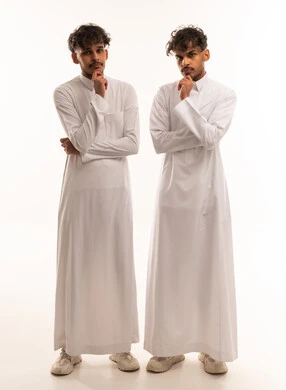 Saudi Men in White Thobes Thinking on White Background