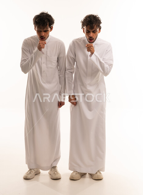 Saudi Men in White Thobes Coughing in Studio