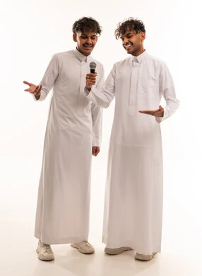 Saudi Men in Thobes with Microphone Studio Portrait