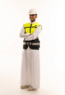 Saudi Engineer in Thobe and Safety Vest on White Background