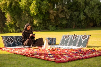 Saudi Woman Using Smartphone During Park Picnic