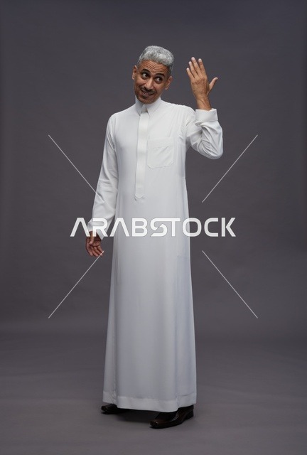 Saudi Man in Traditional Thobe Waving on Gray Background