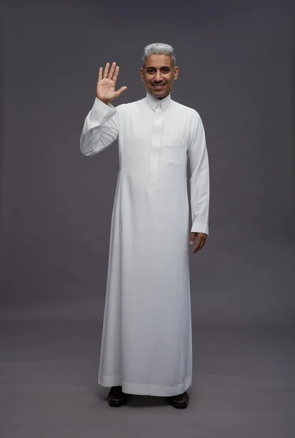 Saudi Man in White Thobe Waving on Grey Background