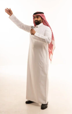 Saudi Man Speaking with Microphone on White Background
