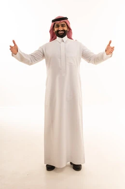 Smiling Saudi Man with Open Arms on White Background