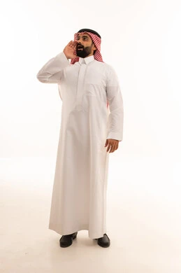 Saudi Man in Traditional Thobe Shouting on White Background