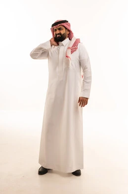 Saudi Man in Traditional Thobe with Neck Pain