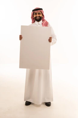 Saudi Man Holding Blank White Placard in Studio