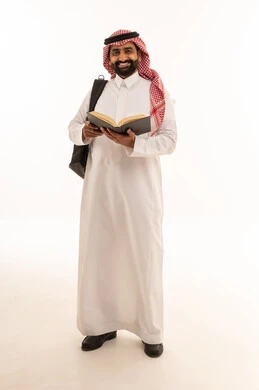 Saudi Male Student with Book and Backpack on White
