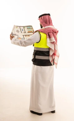 Saudi Engineer with Safety Vest Holding Blueprint