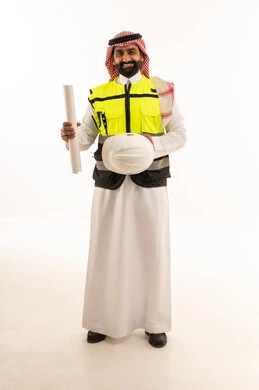 Saudi Engineer Holding Blueprint and Safety Hard Hat