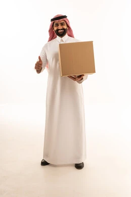 Saudi Man Holding Delivery Box Thumbs Up White Background