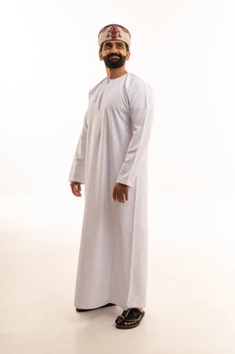 Omani Man in Traditional Dishdasha on White Background