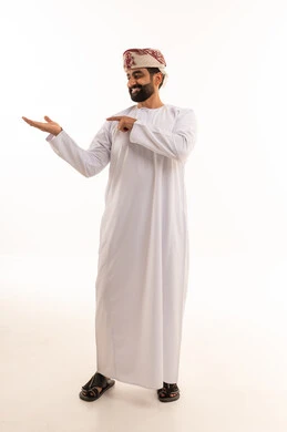 Omani Man Presenting with Hand on White Background